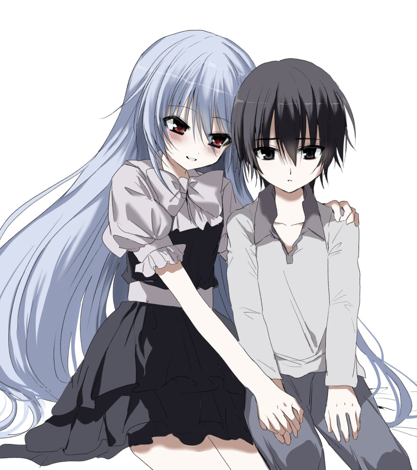 1boy 1girl aged_down black_dress black_eyes black_hair blue_hair blush brother_and_sister collared_shirt cowboy_shot dress eyes_visible_through_hair grey_shirt grin grisaia_(series) grisaia_no_meikyuu hair_between_eyes hand_on_another's_shoulder highres holding_hands interlocked_fingers kasukasugom1 kazami_kazuki kazami_yuuji light_blue_hair long_hair long_sleeves looking_at_another looking_down parted_lips petticoat puffy_short_sleeves puffy_sleeves red_eyes shirt short_dress short_hair short_sleeves siblings side-by-side simple_background sitting smile spiked_hair straight_hair tsurime very_long_hair white_background