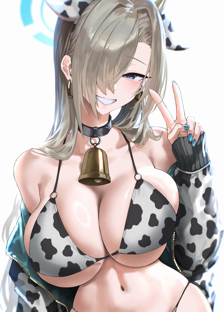 1girl absurdres animal_ears animal_print asuna_(blue_archive) bare_shoulders bell bikini blue_archive blue_eyes blue_ribbon blush breasts cleavage collarbone cow_ears cow_horns cow_print cow_print_bikini cowbell earrings fake_horns grin hair_over_one_eye hair_ribbon halo highres horns jacket jewelry kazane-wind large_breasts light_brown_hair long_hair long_sleeves looking_at_viewer navel neck_bell off_shoulder open_clothes open_jacket print_bikini ribbon smile solo swimsuit v very_long_hair white_bikini white_jacket