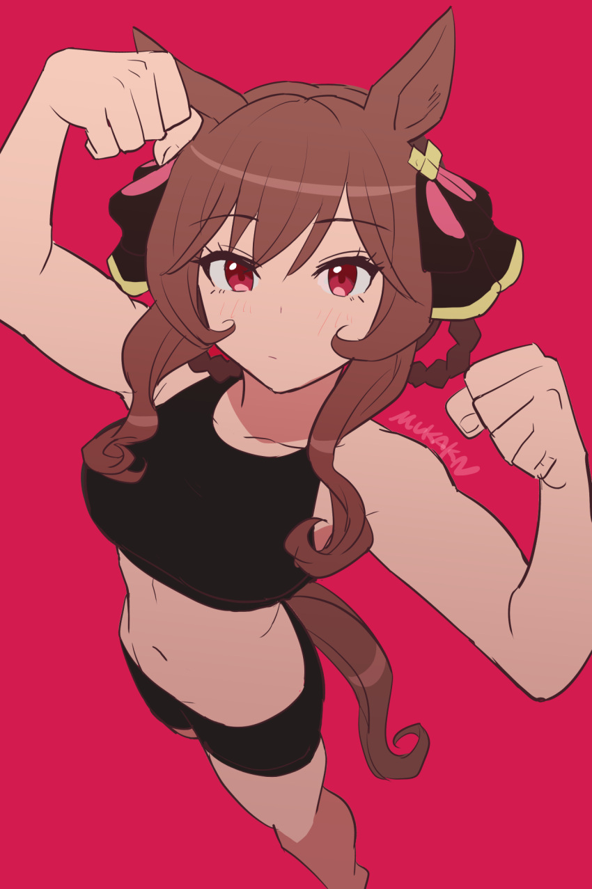 1girl animal_ears artist_name bare_arms bare_shoulders bike_shorts black_shorts black_sports_bra braided_hair_rings brown_hair clenched_hands closed_mouth commentary_request foreshortening from_above gentildonna_(umamusume) hands_up highres horse_ears horse_girl horse_tail light_blush looking_at_viewer midriff mukakin navel red_background red_eyes revision shorts sidelocks simple_background solo sports_bra tail umamusume wavy_hair