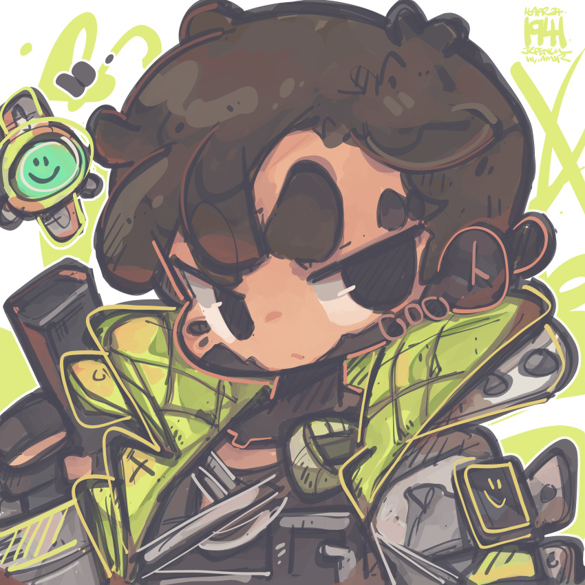 1boy absurdres animification apex_legends artist_name black_eyes black_gloves black_hair black_shirt clenched_hand crypto_(apex_legends) dated fingerless_gloves frown gloves grey_jacket hack_(apex_legends) highres jacket jrpencil male_focus shirt solo thick_eyebrows v-shaped_eyebrows