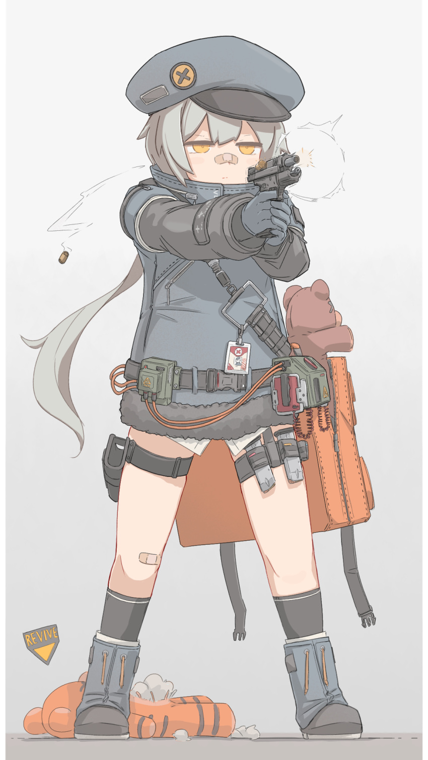 1girl bag bandaid bandaid_on_face bandaid_on_nose black_socks boots commentary defibrillator english_commentary firing full_body girls'_frontline gloves grey_background grey_gloves grey_hair grey_jacket gun hair_between_eyes handgun hat highres holding holding_gun holding_weapon holster hs2000 hs2000_(girls'_frontline) jacket long_hair magazine_(weapon) player193 shell_casing simple_background socks solo stuffed_animal stuffed_toy teddy_bear thigh_holster thigh_strap weapon yellow_eyes