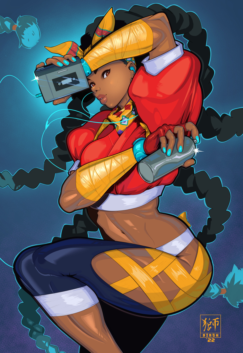 1girl 2022 a.b.singh absurdres aqua_hair aqua_nails arm_wrap artist_logo black_pants blue_background bow_hairband brown_eyes brown_lips cable capri_pants colored_tips cropped_jacket dark-skinned_female dark_skin dual_wielding earbuds earphones fingerless_gloves gloves hairband highres hip_vent holding jacket kimberly_jackson leg_ribbon linea_alba long_hair looking_at_viewer lowleg lowleg_pants midriff multicolored_hair nail_polish neckerchief ninja nose pants puffy_short_sleeves puffy_sleeves quad_braids red_gloves red_jacket ribbon short_sleeves smartwatch solo spray_can street_fighter street_fighter_6 toned two-tone_hair very_dark_skin very_long_hair walkman watch wristwatch yellow_hairband