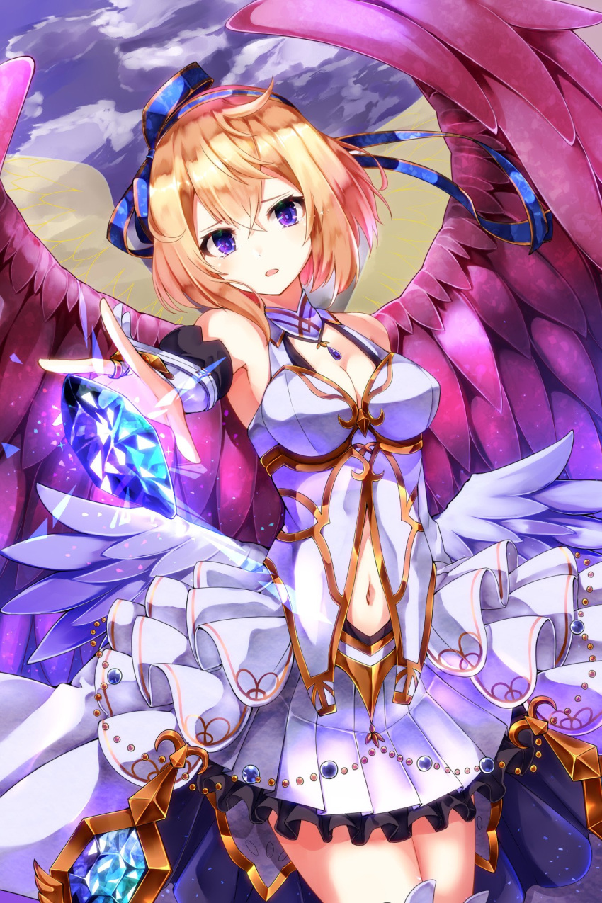 blonde_hair blue_hairband blue_ribbon breasts cleavage crystal dress eleanor_(shironeko_project) excella_(excella444) feathered_wings feathers frilled_dress frills hairband highres long_ribbon navel ribbon shironeko_project short_hair white_feathers wings