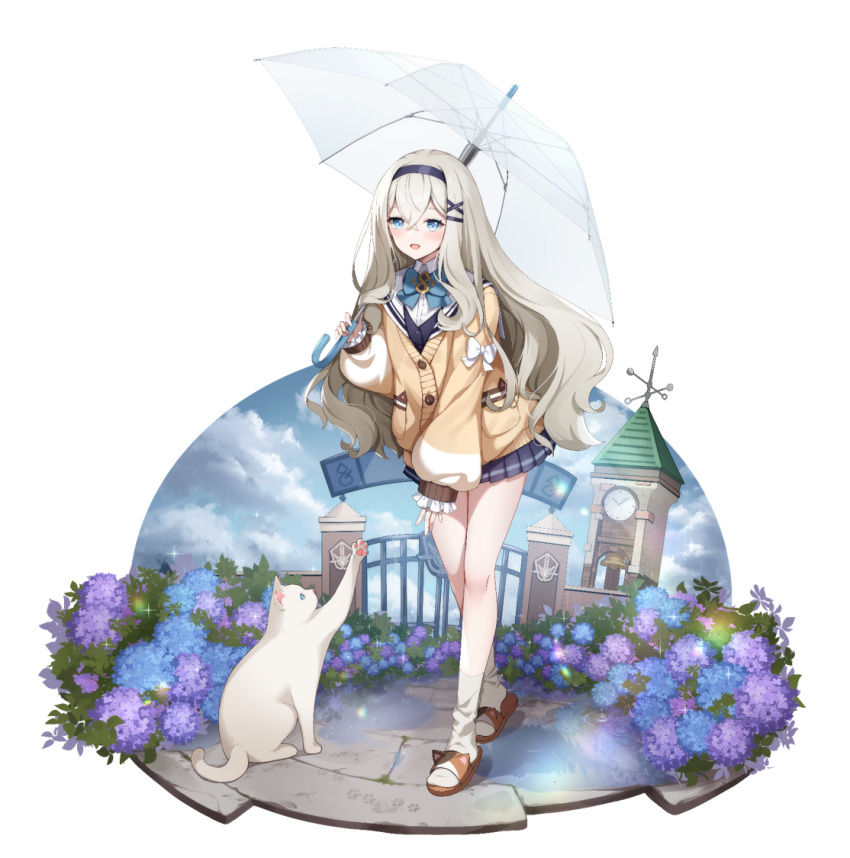 1girl :d animal_print bare_legs blue_bow blue_eyes blue_flower blue_skirt blue_vest blush bow bowtie brown_footwear bush cardigan cat cat_print cat_slippers clock clock_tower eversoul flower frilled_sleeves frills full_body game_cg gate hair_between_eyes hairband holding holding_umbrella long_hair long_sleeves looking_at_another looking_down loose_socks mephistopheles_(eversoul) official_alternate_costume official_alternate_hairstyle official_art outdoors puffy_long_sleeves puffy_sleeves purple_flower school_uniform shirt skirt sky sleeves_past_wrists slippers smile socks solo standing tachi-e tower transparent_background umbrella vest white_bow white_cat white_hair white_shirt wing_collar yellow_cardigan