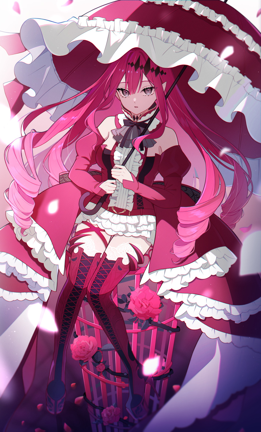 1girl absurdres baobhan_sith_(fate) baobhan_sith_(first_ascension)_(fate) bare_shoulders boots breasts center_frills detached_collar detached_sleeves dress fate/grand_order fate_(series) frills full_body grey_eyes highres large_breasts long_hair looking_at_viewer pink_hair pointy_ears red_dress red_footwear sidelocks sitting smtknitoha solo thigh_boots tiara umbrella