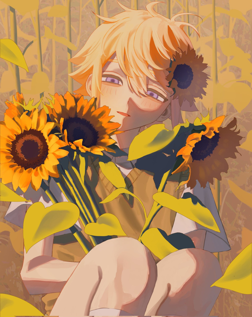 1boy basil_(faraway)_(omori) basil_(omori) blonde_hair blue_eyes blush collared_shirt corrupted_twitter_file flower green_sweater_vest hair_flower hair_ornament highres holding holding_flower lifejam_403 looking_at_viewer omori open_mouth shirt short_hair short_sleeves socks solo sunflower sweater_vest white_shirt white_socks