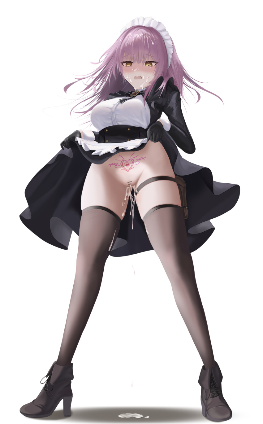 1girl absurdres apron azur_lane bar_censor black_gloves black_thighhighs blush breasts brown_footwear censored cheems clothes_lift cum cum_in_pussy cumdrip devonshire_(azur_lane) dress dress_lift facial full_body gloves hands_up high_heels highres holster long_sleeves looking_at_viewer maid maid_headdress medium_breasts medium_hair pubic_tattoo purple_hair pussy_juice simple_background skindentation solo standing tattoo taut_clothes thigh_holster thighhighs wavy_mouth white_apron white_background yellow_eyes