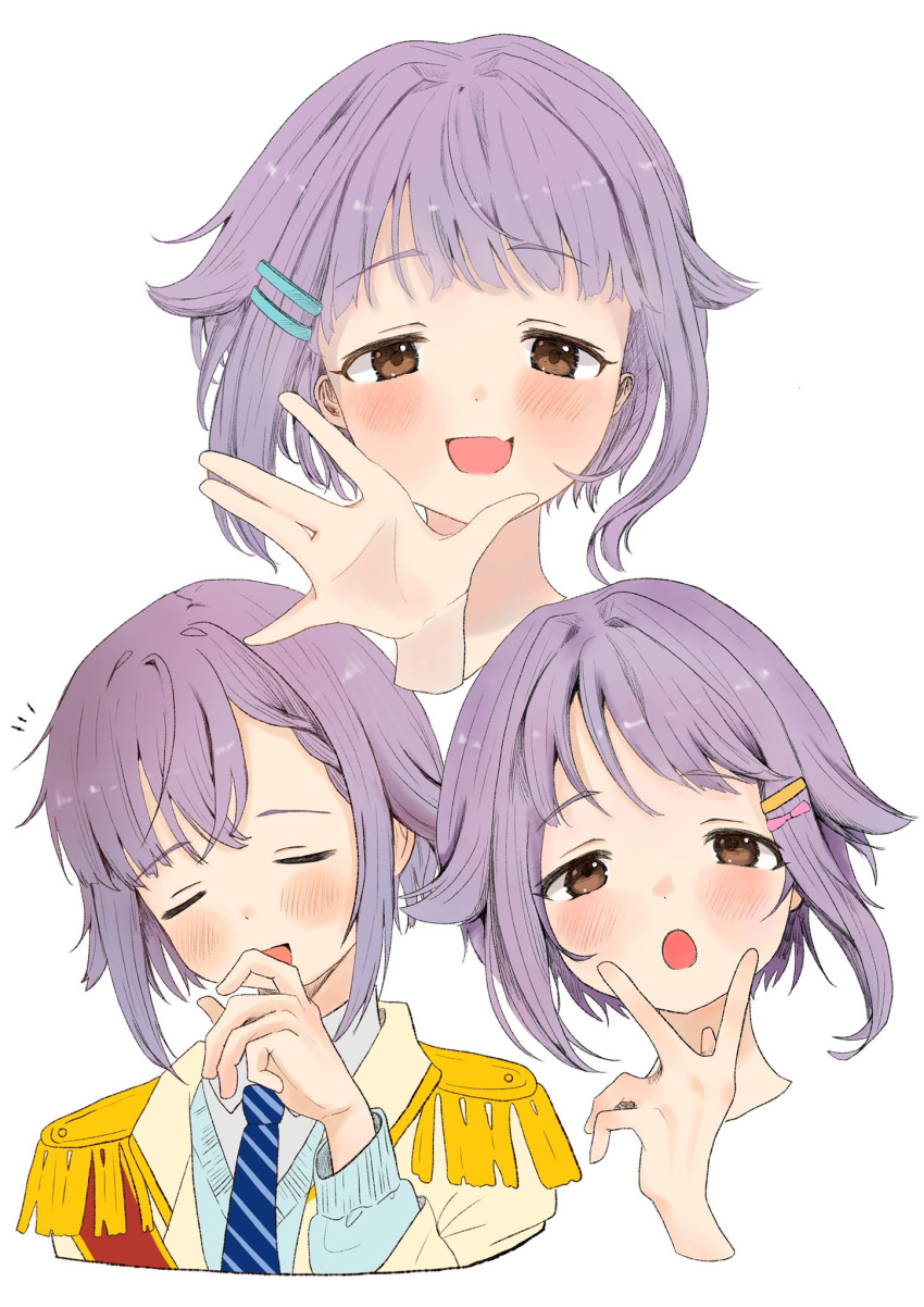 1girl blush brown_eyes closed_eyes cropped_shoulders epaulettes hair_flaps hair_ornament hairclip highres idolmaster idolmaster_cinderella_girls jacket koshimizu_sachiko looking_at_viewer multiple_views necktie open_mouth purple_hair short_hair simple_background smile wanwanpaccoro white_background