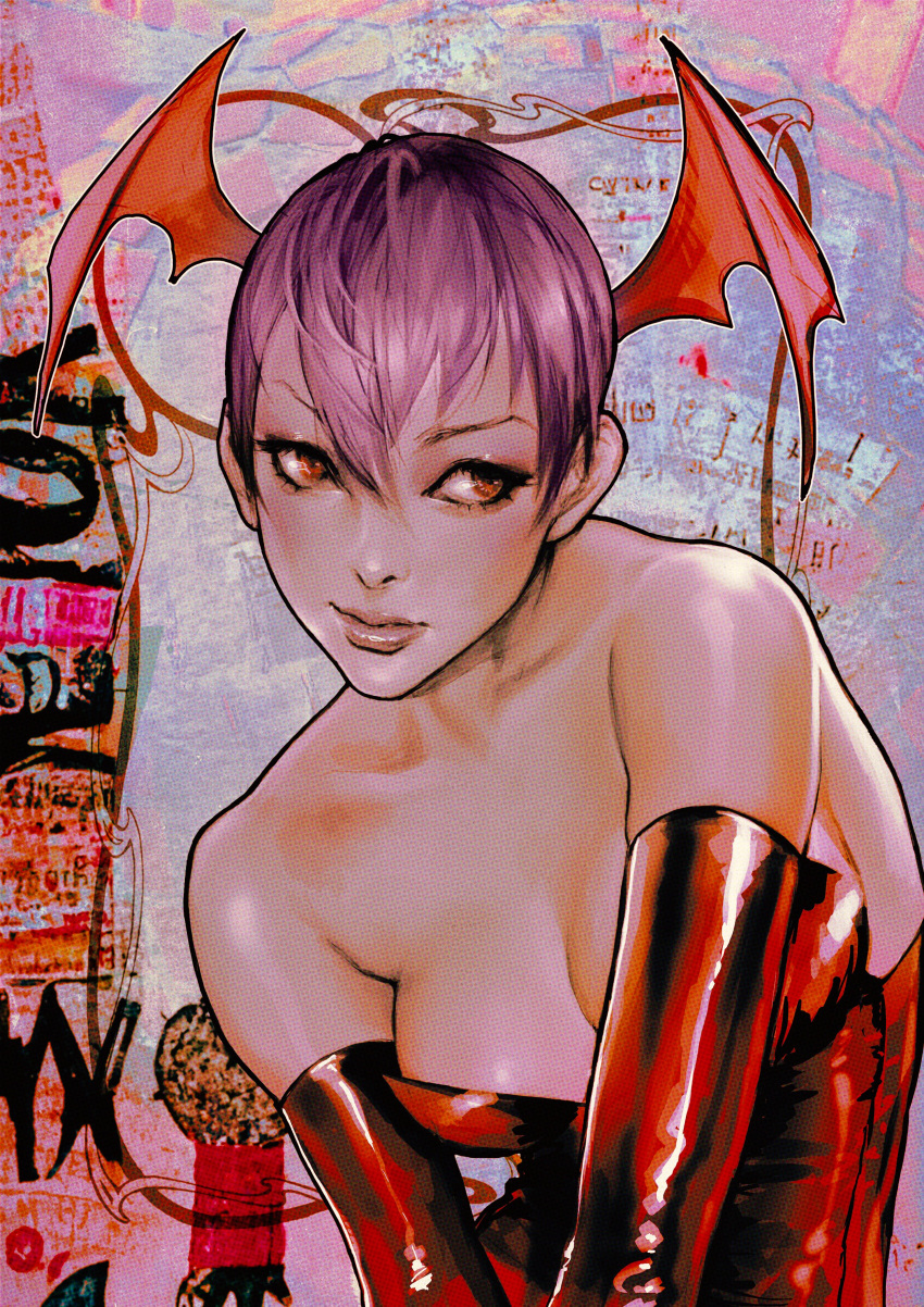 1girl absurdres bare_shoulders bat_wings breasts bridal_gauntlets capcom head_wings highres lilith_aensland looking_to_the_side purple_hair red_eyes short_hair solo sozomaika tagme upper_body vampire_(game) wings