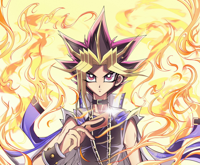 1boy bare_shoulders black_footwear black_hair blonde_hair blue_jacket bright_pupils card chain fire highres holding holding_card jacket jacket_on_shoulders looking_at_viewer purple_eyes purple_hair shiroi_1108 shirt sleeveless sleeveless_shirt solo spiked_hair trading_card upper_body white_pupils yami_yugi yu-gi-oh! yu-gi-oh!_duel_monsters