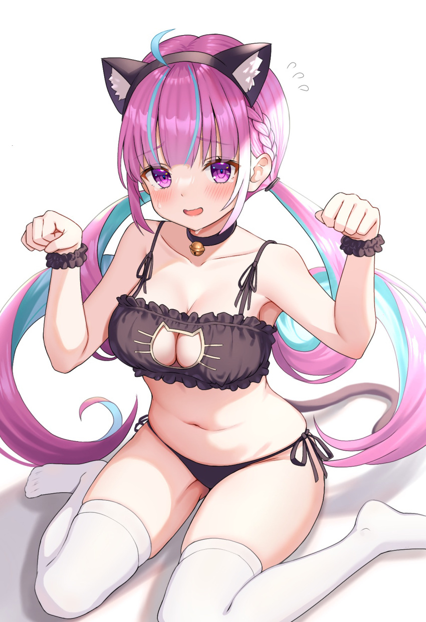 1girl ahoge animal_ears aqua_hair bare_shoulders bell black_bra black_choker black_hairband black_panties black_scrunchie blush bra braid breasts cat_cutout cat_ears cat_lingerie choker cleavage_cutout clothing_cutout collarbone colored_inner_hair drill_hair flying_sweatdrops hair_tie hairband highres hololive jingle_bell kotone_neruneru large_breasts long_hair looking_at_viewer meme_attire minato_aqua multicolored_hair navel neck_bell nervous_smile no_shoes open_mouth panties paw_pose pink_eyes pink_hair scrunchie side-tie_panties simple_background sitting smile solo stomach streaked_hair tearing_up tears thighhighs thighs twin_drills twintails two-tone_hair underwear virtual_youtuber wariza white_background white_thighhighs wrist_scrunchie