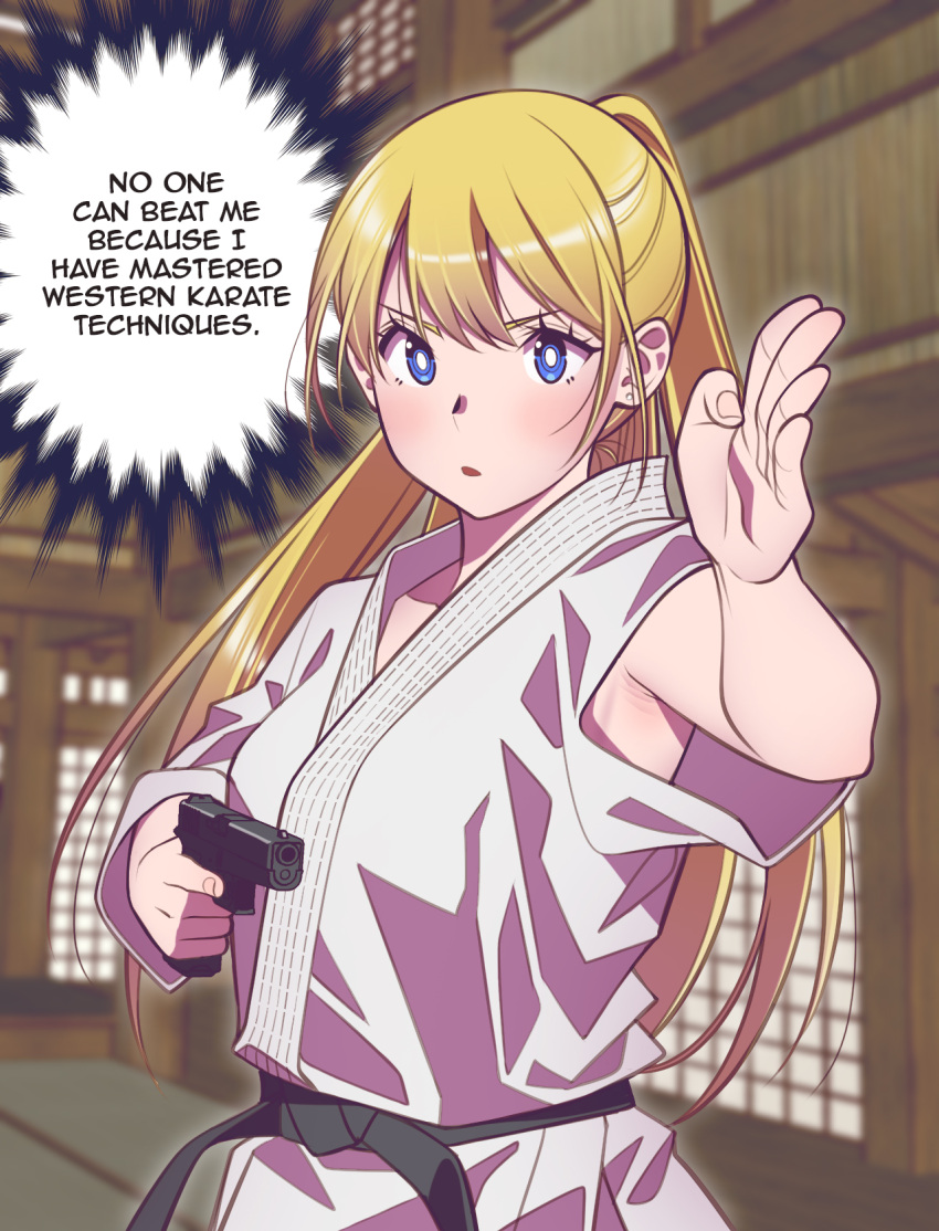 1girl andrian_januar_adilia armpit_crease blonde_hair blue_eyes blurry blurry_background breasts collarbone commentary dougi english_commentary english_text gun handgun highres holding holding_gun holding_weapon indoors karate_gi long_hair looking_at_viewer medium_breasts original parted_lips ponytail solo speech_bubble standing swept_bangs upper_body weapon weapon_request