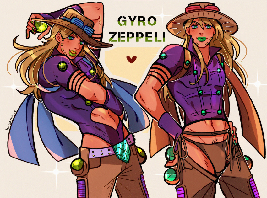 1boy absurdres artist_name blonde_hair chaps character_name commentary cowboy_hat english_commentary facial_hair goggles goggles_on_headwear green_eyes green_lips green_nails gyro_zeppeli hat heart highres holster huyandere jojo_no_kimyou_na_bouken leotard leotard_under_clothes long_hair male_focus male_swimwear polo_shirt purple_leotard purple_skirt signature skirt steel_ball_(jojo) steel_ball_run swim_briefs