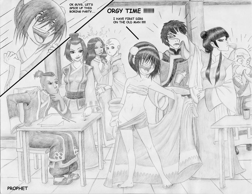 4girls aang angry avatar:_the_last_airbender avatar_(series) bald barefoot blind chair everyone flat_chest greyscale hat hug iroh katara laughing mai_(avatar) monochrome multiple_boys multiple_girls no_panties ponytail prophet sandals sarashi shorts sitting sokka suki table toph_bei_fong undressing zuko