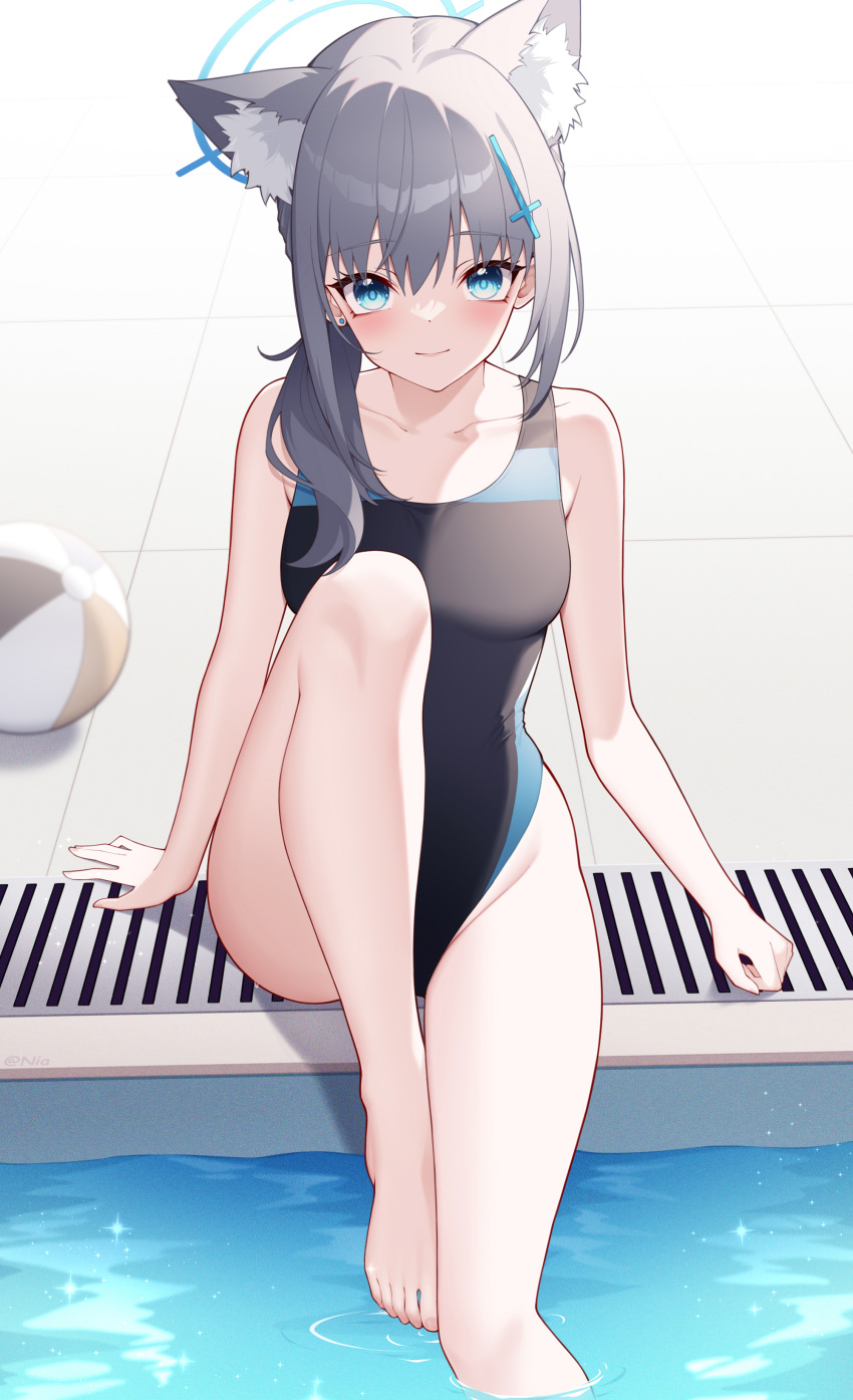1girl absurdres animal_ears bare_arms bare_legs bare_shoulders barefoot black_one-piece_swimsuit blue_archive blue_eyes blush breasts cat_ears closed_mouth collarbone competition_swimsuit cross_hair_ornament earrings grey_hair hair_ornament highres jewelry large_breasts long_hair looking_at_viewer official_alternate_costume one-piece_swimsuit poinia pool shiroko_(blue_archive) shiroko_(swimsuit)_(blue_archive) sitting smile solo stud_earrings swimsuit thighs water