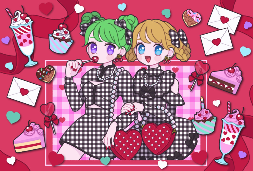 2girls :d arm_grab black_dress black_ribbon blonde_hair blue_eyes braided_hair_rings candle candy cherry cowboy_shot cupcake double_bun dress earrings envelope food fruit fukuhara_ann green_hair hair_bun hair_ribbon highres holding holding_candy holding_food holding_lollipop jewelry juliet_sleeves lollipop long_sleeves looking_at_another love_letter morizono_wakana multiple_girls nail_polish nyaasechan open_mouth parfait plaid plaid_dress pretty_rhythm pretty_rhythm_rainbow_live pretty_series puffy_sleeves purple_eyes purple_hair red_nails ribbon short_hair smile standing