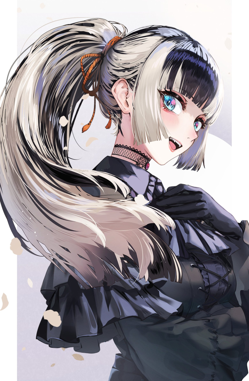 1girl black_capelet black_choker black_dress black_gloves black_hair blonde_hair blue_eyes breasts capelet choker dress gloves hair_behind_ear highres hololive hololive_dev_is juufuutei_raden medium_breasts multicolored_hair murechika open_mouth petals smile solo streaked_hair virtual_youtuber