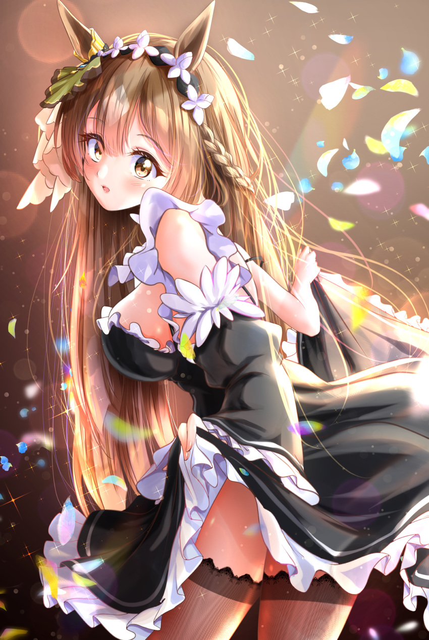 1girl absurdres alternate_costume animal_ears blurry blurry_background blush braid breasts brown_background commentary_request enmaided highres horse_ears horse_girl kakikakilemon large_breasts long_hair looking_at_viewer maid open_mouth petals satono_diamond_(umamusume) simple_background solo sparkle thighhighs umamusume