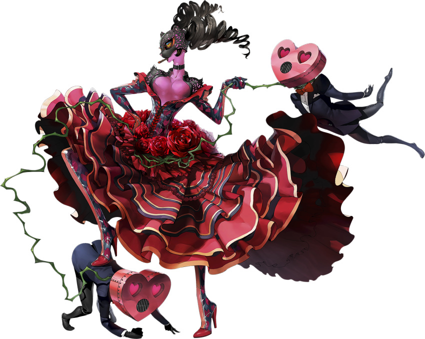 1girl 2boys black_choker black_gloves black_hair bow bowtie carmen_(persona_5) choker cigar dress flower gloves long_dress mask multiple_boys official_art pantyhose persona persona_5 red_dress red_flower red_rose rose simple_background soejima_shigenori transparent_background twintails yellow_eyes