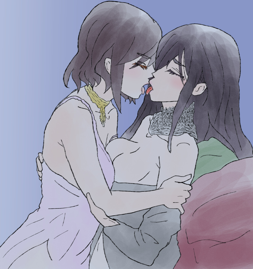 2girls absurdres alice_gear_aegis bed bed_sheet bedroom black_hair blush breasts brown_hair closed_eyes closed_mouth highres imminent_kiss indoors kagome_misaki kiss large_breasts long_hair lying mole mole_under_eye multiple_girls niiya_serina nipples on_bed open_mouth shizuna_(euorobib1059) short_hair simple_background underwear yuri