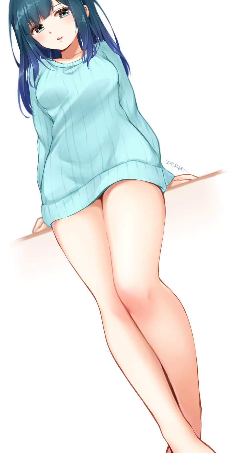 1girl absurdres arm_support bare_legs blue_dress blue_hair breasts collarbone dress grey_eyes highres long_hair long_sleeves looking_at_viewer medium_breasts omoomomo original parted_lips ribbed_sweater sidelocks solo standing sweater sweater_dress thighs