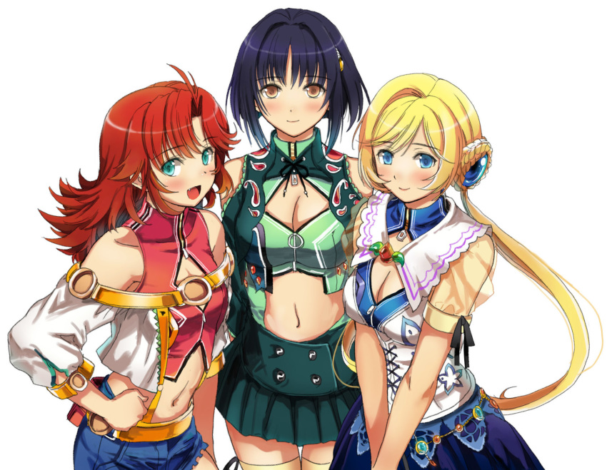 3girls black_eyes blonde_hair blue_eyes breasts brown_eyes cleavage double_bun eyebrows_visible_through_hair festenia_muse garimpeiro green_eyes highres katia_grineal long_hair low-tied_long_hair medium_hair melua_melna_meia midriff midriff_cutout multiple_girls open_hand red_hair short_hair super_robot_wars super_robot_wars_judgement super_robot_wars_og_moon_dwellers thighhighs twintails white_background