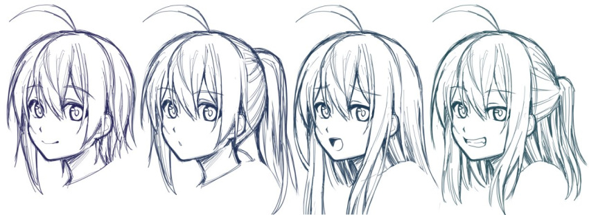 1boy :o ahoge asugano_subaru commentary_request grin hair_down long_hair looking_at_viewer medium_hair monochrome multiple_views open_mouth original ponytail reference_sheet simple_background sketch smile white_background yagi_(ningen)
