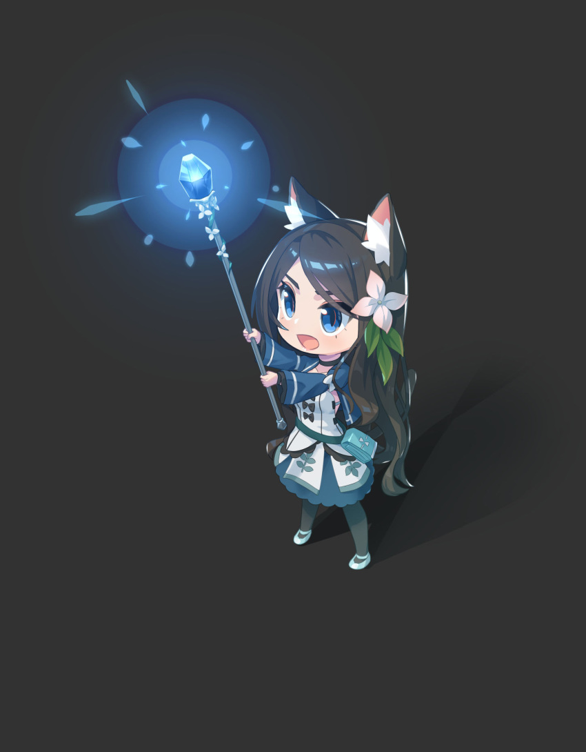 1girl animal_ear_fluff animal_ears bangs black_camisole black_hair blue_eyes cat_ears cat_tail chibi choker flower glowing hair_flower hair_ornament highres holding holding_staff nekoze_(s22834712) open_mouth original solo staff swept_bangs tail tail_lift transparent_background tu_ya_(nekoze)