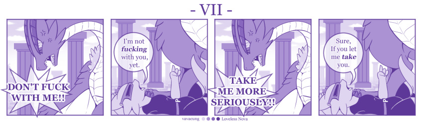 4koma ambiguous_gender angry anthro braver_(character) clothing comic dialogue dragon duo english_text feral hi_res kobold lying_on_ground mask monochrome profanity purple_theme text vavacung