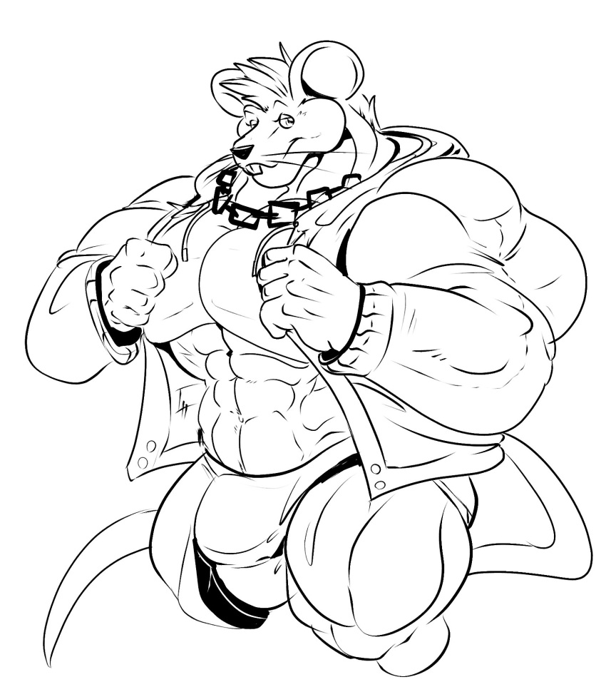 2017 aidan_mouse anthro big_bulge big_muscles bulge clothing fierglief hi_res hoodie huge_bulge huge_muscles hyper hyper_bulge hyper_muscles jewelry line_art looking_at_viewer male mammal monochrome mouse murid murine muscular necklace rodent solo topwear underwear