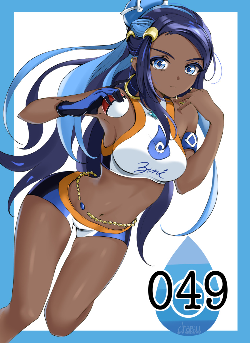 1girl armband belly_chain black_hair blue_border blue_eyes blue_eyeshadow blue_hair border breasts chaesu dark_skin earrings eyeshadow forehead gloves gym_leader hair_bun highres holding holding_poke_ball hoop_earrings jewelry long_hair looking_at_viewer makeup medium_breasts midriff multicolored_hair navel partly_fingerless_gloves poke_ball poke_ball_(generic) pokemon pokemon_(game) pokemon_swsh rurina_(pokemon) short_shorts shorts single_glove solo swimsuit tankini two-tone_hair