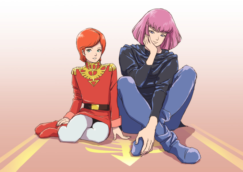 2girls boots cape closed_mouth full_body green_eyes gundam haman_karn looking_at_viewer mineva_lao_zabi multiple_girls pantyhose pink_hair simple_background smile teikoku_jokyoku zeon