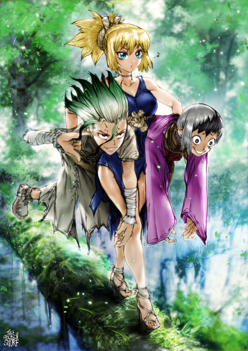 1girl 2boys aqua_eyes asagiri_gen bare_legs black_hair blue_dress breasts carrying carrying_under_arm choker cliff commentary dr._stone dress empty_eyes english_commentary finger_in_ear forest geta green_hair grey_hair highres ishigami_senkuu kohaku_(dr._stone) log long_hair medium_breasts multicolored_hair multiple_boys nature red_eyes sandals scar scared short_ponytail spiked_hair the_golden_smurf toes trembling two-tone_hair whistling