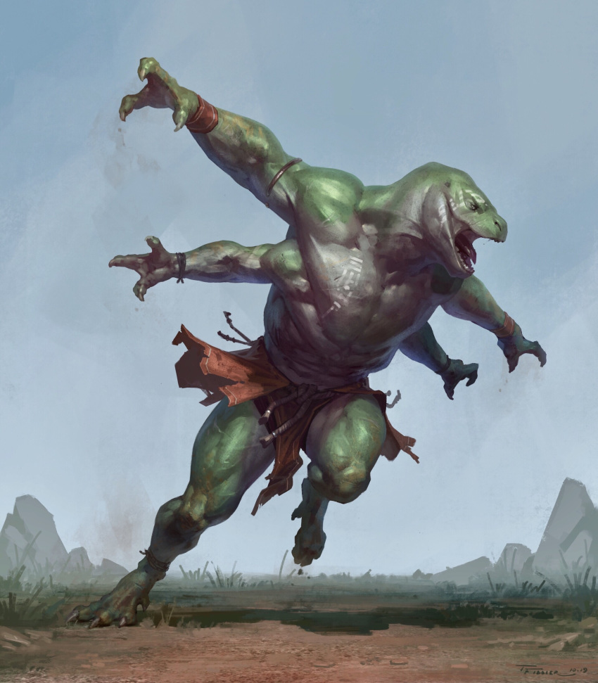 2019 3_fingers 4_arms anthro claws clothed clothing digital_media_(artwork) fingers green_body hi_res male multi_arm multi_limb muscular muscular_male open_mouth outside reptile scalie solo taran_fiddler tongue tongue_out