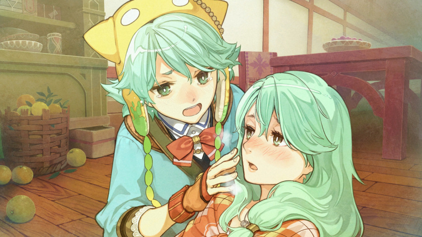 2girls :o atelier_(series) atelier_shallie basket blue_shirt blush bow bowtie bright_pupils chair crying crying_with_eyes_open fingerless_gloves food fruit gloves green_eyes green_hair hair_over_shoulder heavy_breathing hidari_(left_side) indoors long_hair looking_at_another mother_and_daughter multiple_girls nady_elminus official_art open_mouth plaid red_bow red_gloves shallotte_elminus shirt short_hair table tears yellow_headwear