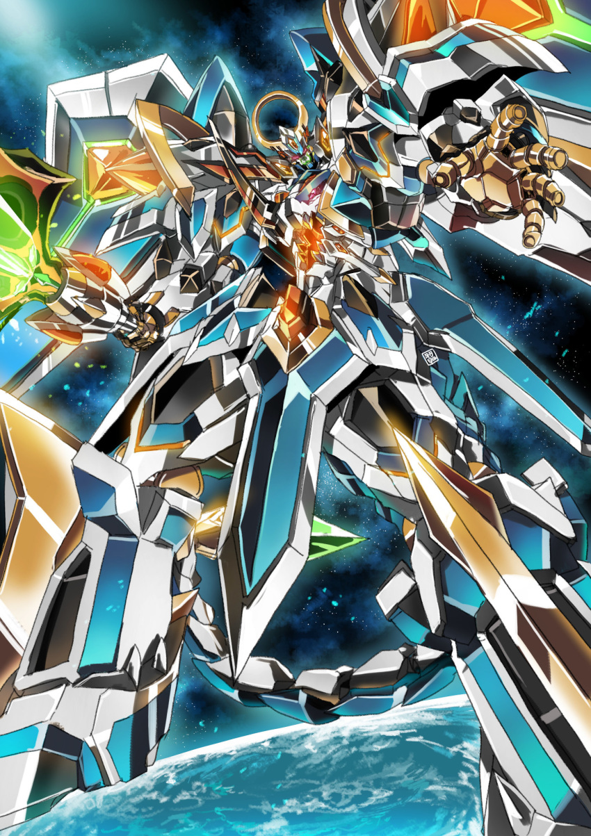 garimpeiro granteed_dracodeus highres holding holding_sword holding_weapon looking_down mecha mechanical_wings no_humans open_hand red_eyes robot space super_robot super_robot_wars super_robot_wars_judgement super_robot_wars_og_moon_dwellers sword weapon wings