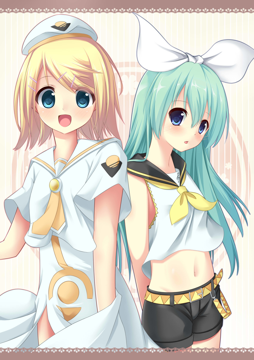 2girls absurdres alice_carroll alice_carroll_(cosplay) aria ascot bananatsukis beret blonde_hair blouse blush bow cosplay costume_switch cowboy_shot cravat crossover dress green_hair hair_bow hat highres kagamine_rin kagamine_rin_(cosplay) long_dress looking_at_viewer multiple_girls orange_planet_uniform sailor_collar shorts smile vocaloid white_blouse white_dress white_headwear yellow_neckwear