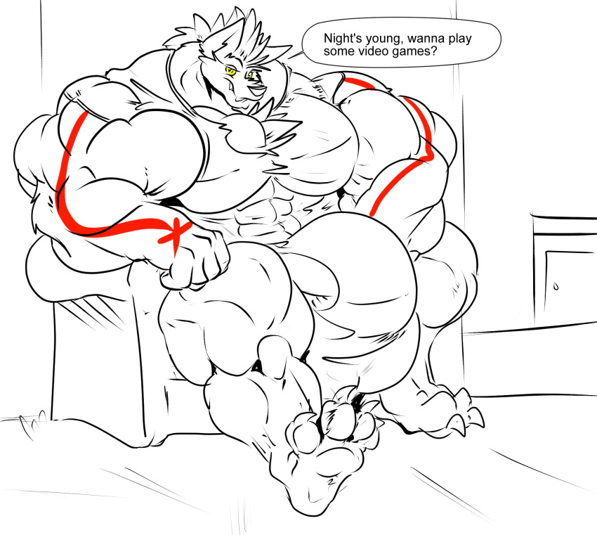 2017 4_toes 5_fingers anthro balls big_balls big_bulge big_muscles big_penis bulge canid canine canis clothing dialogue door english_text fierglief fingers fist furniture genitals hi_res huge_balls huge_bulge huge_muscles huge_penis hyper hyper_balls hyper_bulge hyper_genitalia hyper_muscles hyper_penis line_art looking_at_viewer male mammal muscular penis plantigrade shirt sitting smile sofa solo speech_bubble swaggy text toes topwear torn_clothing underwear wolf yellow_eyes