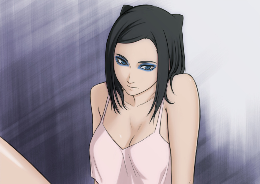 1girl artist_request black_hair blue_eyes breasts camisole cleavage closed_mouth ergo_proxy eyeshadow long_hair looking_at_viewer makeup re-l_mayer solo upper_body