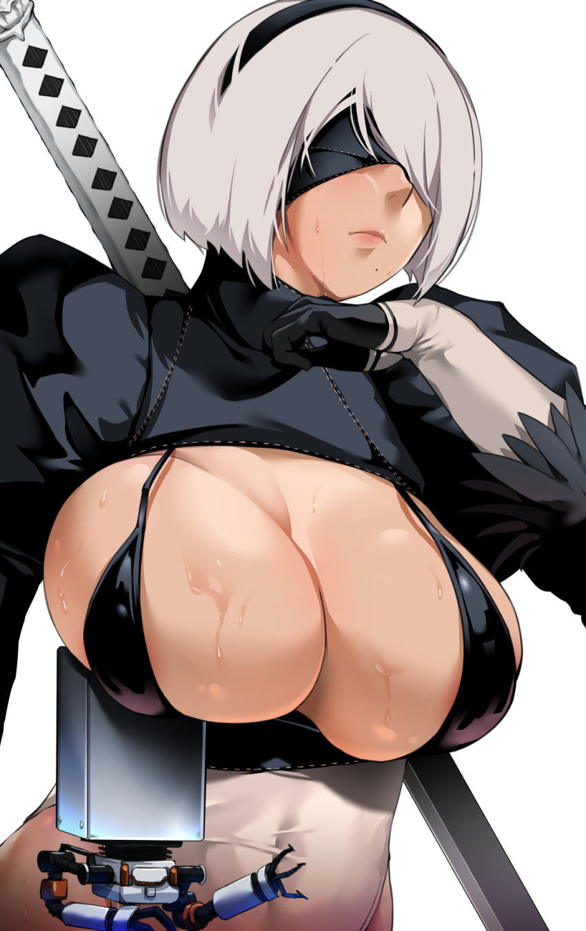1girl bakkanki bikini bikini_top black_bikini black_blindfold black_dress black_gloves black_hairband blindfold cleavage_cutout covered_eyes covered_navel dress drone feather-trimmed_sleeves feather_trim gloves hairband highres juliet_sleeves leotard long_sleeves mole mole_under_mouth nier_(series) nier_automata pink_lips pod_(nier_automata) puffy_sleeves robot short_hair silver_hair sweat swimsuit sword sword_behind_back thighhighs_under_boots two-sided_skirt weapon weapon_on_back white_leotard yorha_no._2_type_b