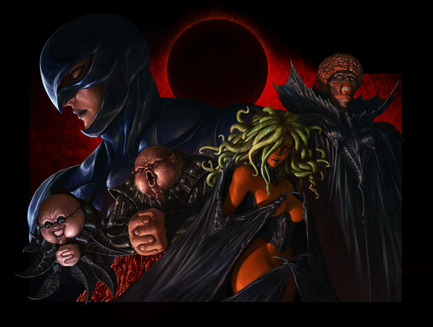 1girl 4boys armor berserk breasts commentary conrad dark_background dave_rapoza eclipse evil_smile femto hands_together helmet highres looking_at_viewer looking_to_the_side monster monster_girl multiple_boys open_mouth pointy_ears slan smile sunglasses tentacle_hair ubik void wings