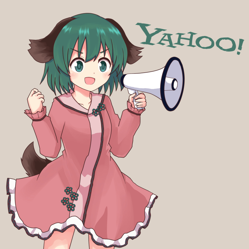 1girl animal_ears bansyakumikan dog_ears dog_tail dress eyebrows_visible_through_hair frilled_skirt frilled_sleeves frills green_eyes green_hair hands_up highres kasodani_kyouko long_sleeves megaphone open_mouth pink_dress short_hair simple_background skirt tail touhou yahoo yahoo!