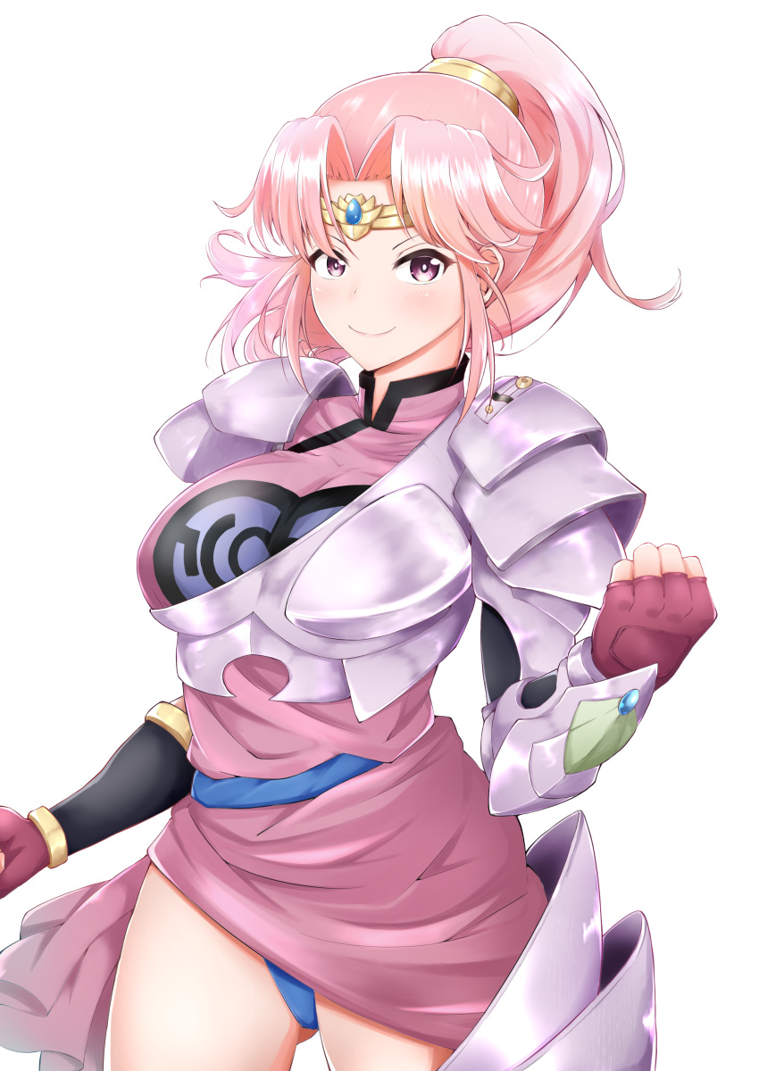 &gt;:) 1girl absurdres armor blue_sash blush bracer breastplate breasts circlet commentary_request cowboy_shot dragon_quest dragon_quest_dai_no_daibouken dress fingerless_gloves furrowed_eyebrows gloves highres large_breasts looking_at_viewer maam mochamillll pauldrons pink_dress pink_hair ponytail red_gloves sash shoulder_armor simple_background smile solo white_background