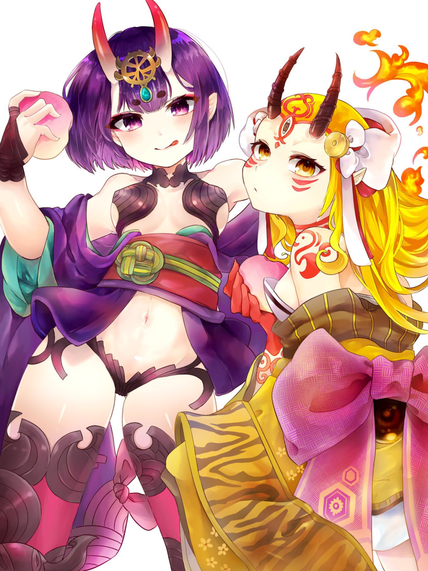 2girls artist_request bangs bare_shoulders blonde_hair bob_cut breasts bridal_gauntlets closed_mouth collarbone eyeliner facial_mark fate/grand_order fate_(series) food forehead forehead_mark fruit hair_pulled_back hair_ribbon headpiece highres horns ibaraki_douji_(fate/grand_order) japanese_clothes kimono licking_lips long_sleeves looking_at_viewer makeup multiple_girls navel obi off_shoulder oni oni_horns peach pointy_ears purple_eyes purple_hair purple_kimono revealing_clothes ribbon sash short_hair short_kimono shuten_douji_(fate/grand_order) simple_background skin-covered_horns small_breasts smile tattoo thighs tongue tongue_out white_background white_ribbon wide_sleeves yellow_eyes yellow_kimono