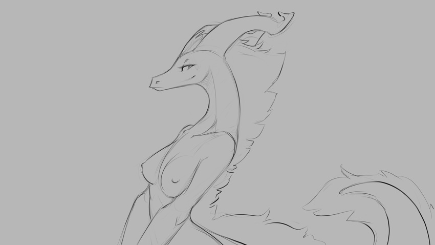 16:9 2020 anthro breasts dragon female grey_background horn looking_at_viewer monochrome nipples nude scalie simple_background smile smirk solo watsup widescreen