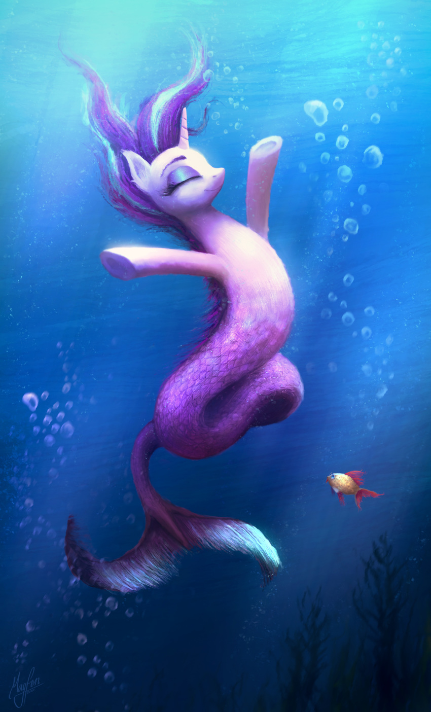 2020 absurd_res blue_body bubble detailed_background duo equid eyes_closed female feral fish fish_tail friendship_is_magic hair happy hi_res horn long_tail magfen mammal marine merfolk multicolored_hair my_little_pony outstretched_arms purple_hair sea signature smile solo_focus split_form starlight_glimmer_(mlp) underwater unicorn water