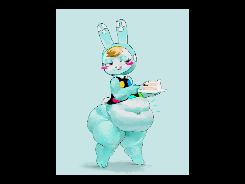 animal_crossing anthro belly big_belly big_butt blue_body blue_fur blush butt cake deep_navel eating female flat_chested food francine_(animal_crossing) fur huge_butt huge_thighs lagomorph leporid letterbox licking licking_lips mammal navel nintendo obese obese_female overweight overweight_female qaoxia rabbit smile solo thick_thighs tongue tongue_out video_games wide_hips