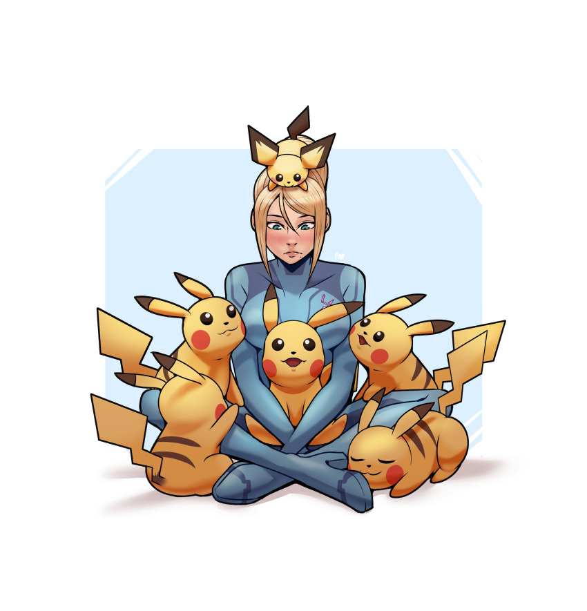 1girl absurdres blonde_hair blue_eyes blush bodysuit francisco_mon gen_1_pokemon gen_2_pokemon highres looking_down metroid on_head on_lap pichu pikachu pokemon pokemon_(creature) pokemon_on_head pokemon_on_lap samus_aran sitting sitting_on_lap sitting_on_person super_smash_bros. zero_suit