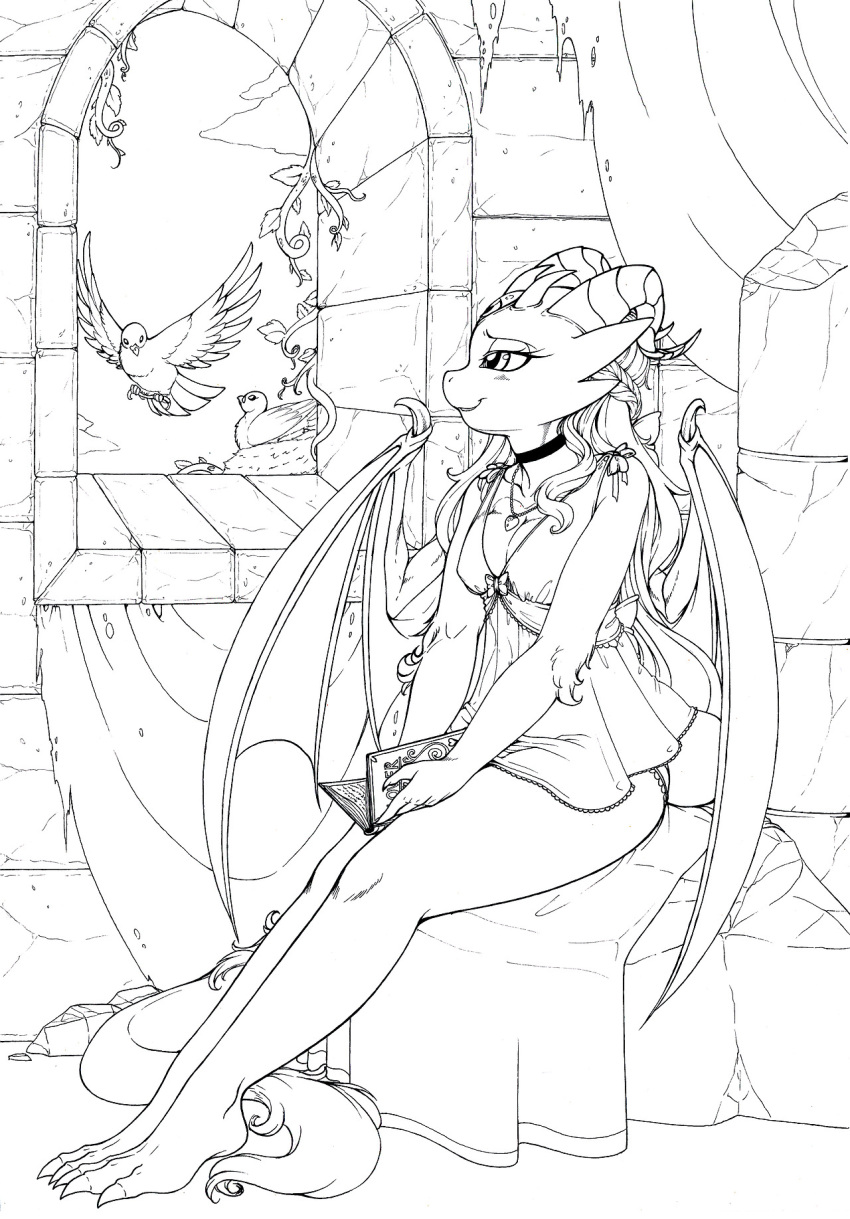 anthro avian babydoll bird book breasts cleavage clothed clothing dragon feral hi_res horn inside longinius membrane_(anatomy) membranous_wings monochrome myra_(glacierclear) nightgown non-mammal_breasts panties solo underwear window wings