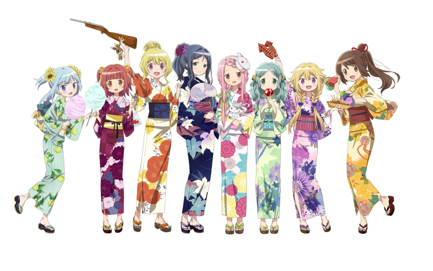 6+girls :d akino_kaede alternate_costume alternate_hair_ornament alternate_hairstyle animal artist_request bag bagged_fish bangs blonde_hair blue_eyes blue_hair blue_kimono blue_nails blue_scrunchie blunt_bangs blush braid brown_hair candy_apple character_mask charm_(object) checkered checkered_kimono closed_mouth commentary_request cotton_candy creature curly_hair dot_nose eyebrows_visible_through_hair fan fish flat_chest floating_hair floral_print flower food food_print full_body futaba_sana geta goldfish green_eyes green_hair green_kimono green_ribbon gun hair_between_eyes hair_bun hair_flower hair_ornament hair_ribbon hairclip half-closed_eyes happy head_tilt height_difference high_ponytail highres holding holding_bag holding_creature holding_food holding_gun holding_weapon ikayaki japanese_clothes jewelry kimono kyubey leg_up lemon_print light_smile long_hair magia_record:_mahou_shoujo_madoka_magica_gaiden mahou_shoujo_madoka_magica mask mask_on_head minami_rena mitsuki_felicia mouse_mask multiple_girls nanami_yachiyo official_art open_mouth orange_eyes orange_kimono orange_nails parted_bangs pink_eyes pink_hair pink_kimono pink_nails ponytail purple_eyes purple_flower purple_nails red_flower red_hair red_kimono red_ribbon ribbon rifle ring scrunchie sharp_teeth shiny shiny_hair short_hair short_twintails side-by-side side_braid sidelocks simple_background smile spiked_hair standing standing_on_one_leg straight_hair striped striped_kimono sunflower takoyaki tamaki_iroha teeth toenails togame_momoko twin_braids twintails two_side_up weapon white_background white_kimono yellow_flower yui_tsuruno yukata